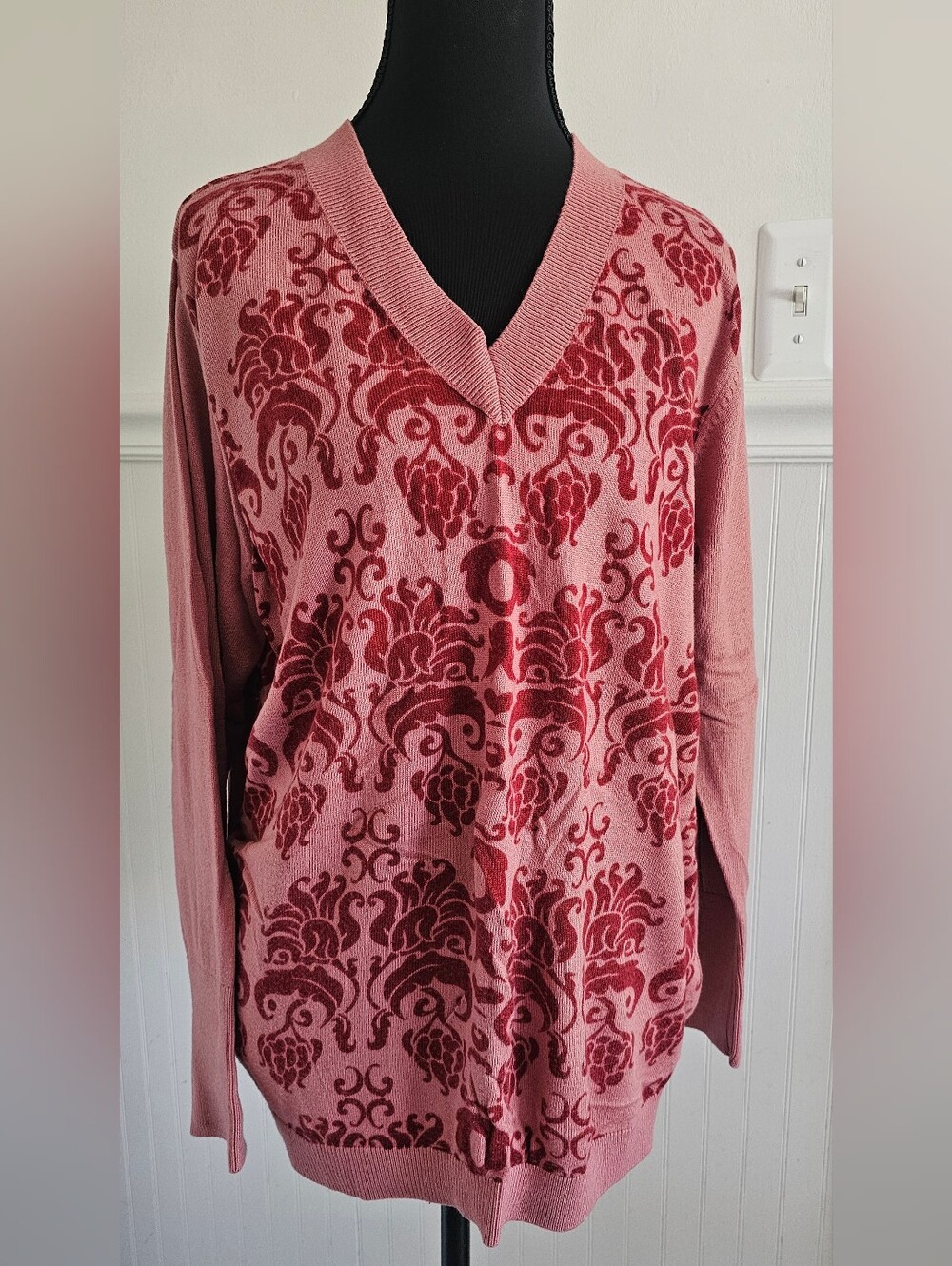 Pink Damask Pattern V-Neck Women's Sweater  FITS L / XL